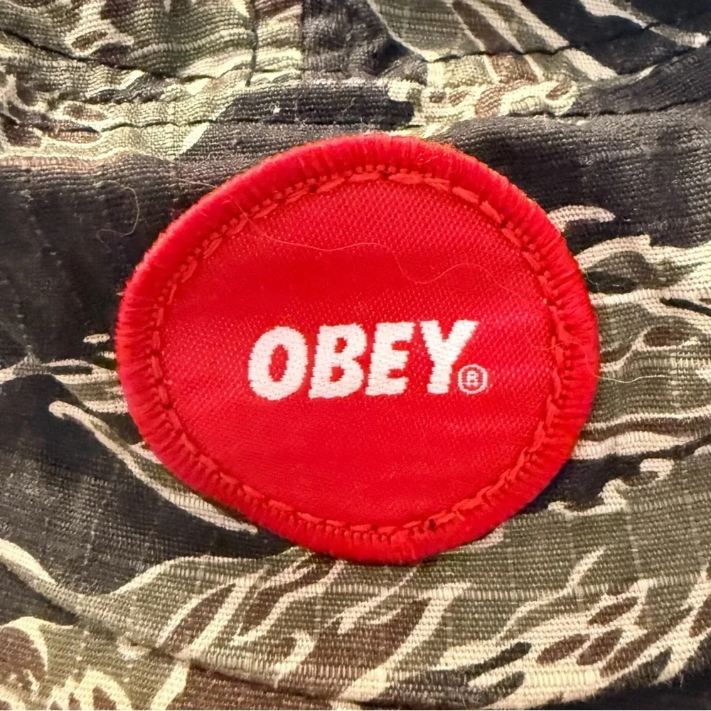 Obey Camo Ripstop 5-Panel Hat Red Logo Patch Adjustable Unisex Streetwear Cap